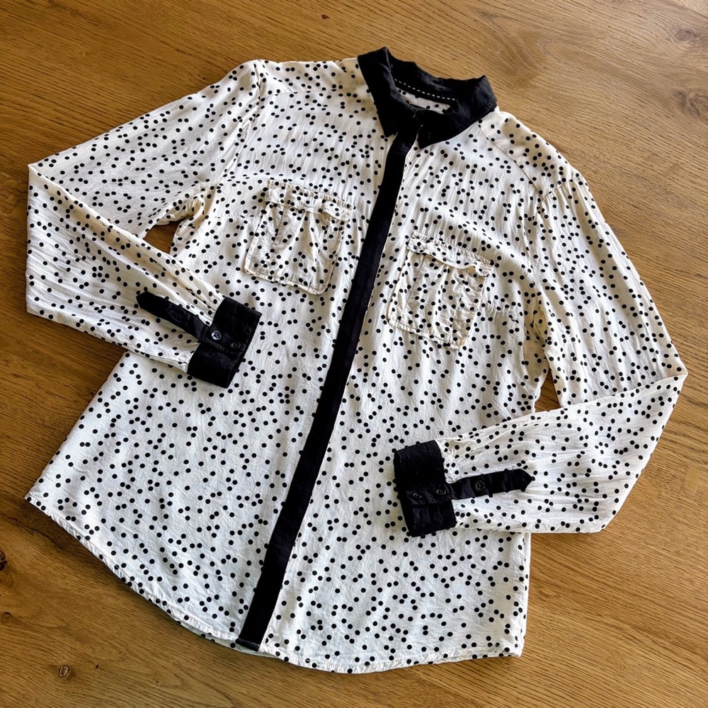 Maeve Anthropologie Polka Dot Blouse Size 2 XS Women Black White Button Up Top